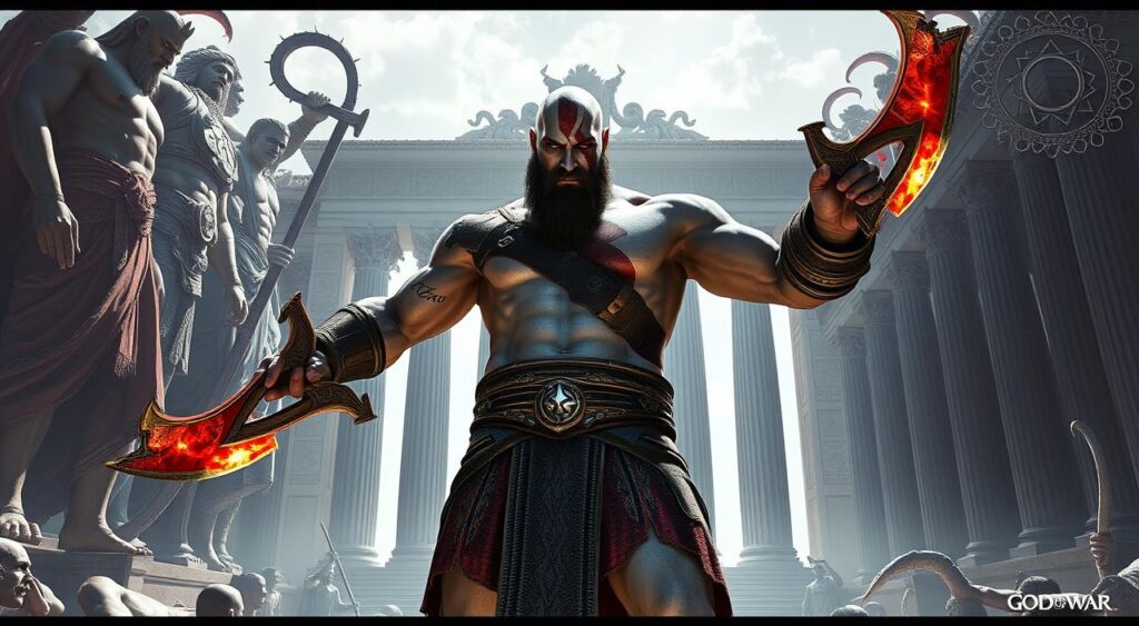 Kratos enfrentando deuses do Olimpo na mitologia grega